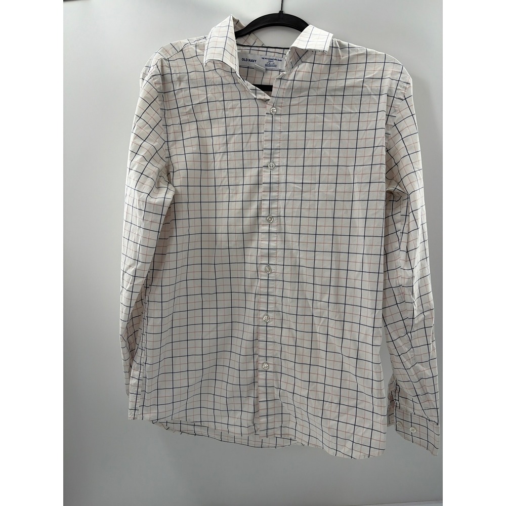 Old Navy Pro Signature Shirt Mens Medium Slim Fit Grid Check Built-In Flex White
